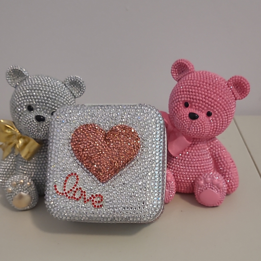 Silver and Pink Crystal Bear Set with Heart Box